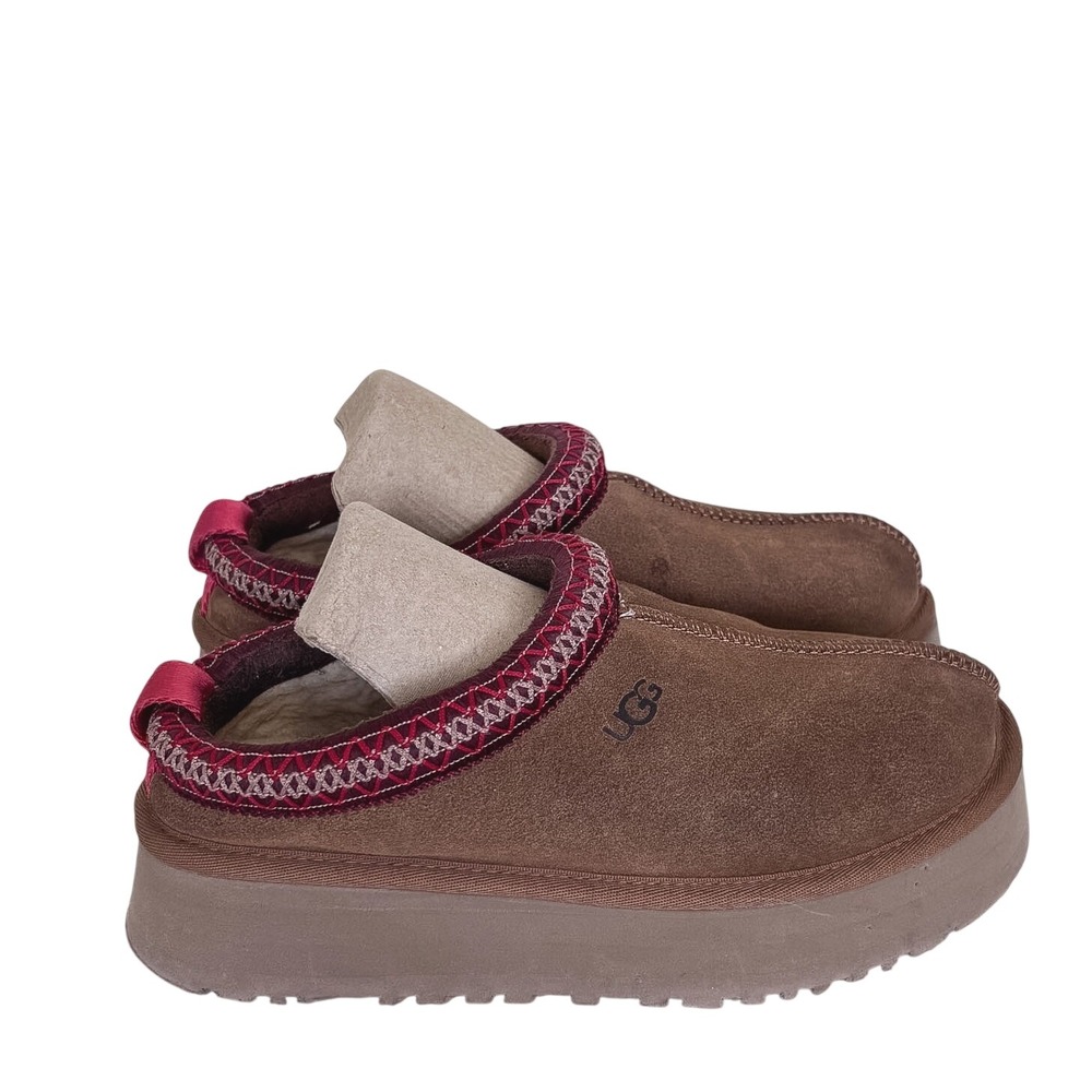 UGG Womens Tazz Suede Platform Slippers 7 Chestnut Red Tasman Braid Sherpa Lined